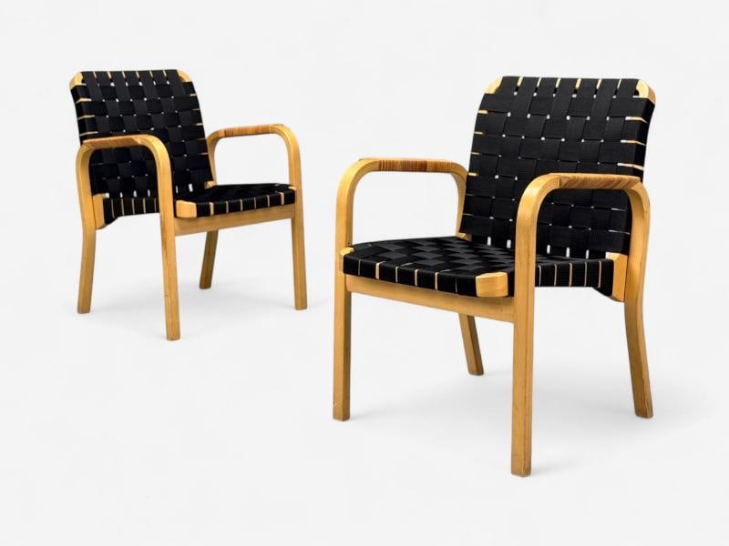 Alvar Aalto, Birch, Rattan, Black Linen Webbing, Armchairs, Finland, 1980s - 3