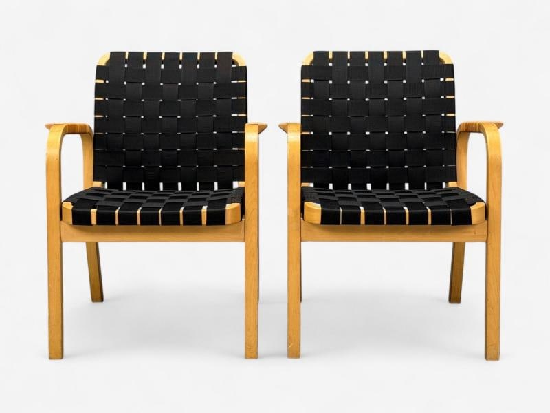Alvar Aalto, Birch, Rattan, Black Linen Webbing, Armchairs, Finland, 1980s - 4