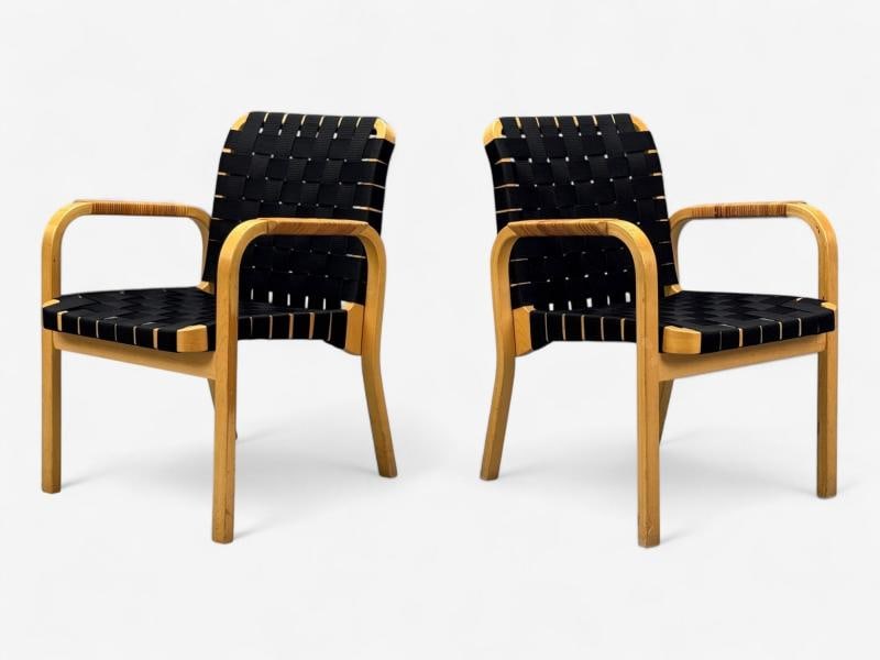 Alvar Aalto, Birch, Rattan, Black Linen Webbing, Armchairs, Finland, 1980s - 5