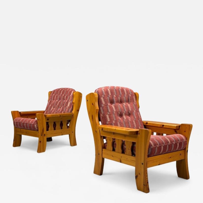 Swedish Modern, Pine, Red Fabric, Brutalist Lounge Chairs, Sweden, 1950s: Title: Swedish Modern, Pine, Red Fabric, Brutalist Lounge Chairs, Sweden, 1950s Description: Swedish Modern, Pine, Red Fabric, Brutalist Lounge Chairs, Sweden, 1950s Pair of brutalist style pine and f