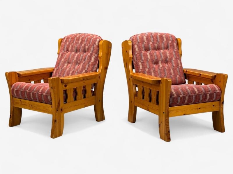 Swedish Modern, Pine, Red Fabric, Brutalist Lounge Chairs, Sweden, 1950s - 3