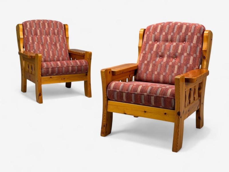 Swedish Modern, Pine, Red Fabric, Brutalist Lounge Chairs, Sweden, 1950s - 4