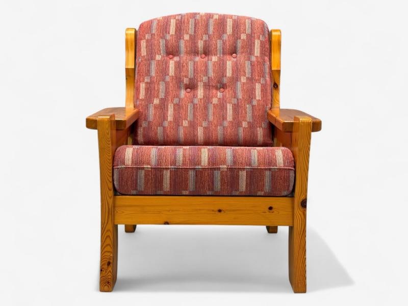 Swedish Modern, Pine, Red Fabric, Brutalist Lounge Chairs, Sweden, 1950s - 5