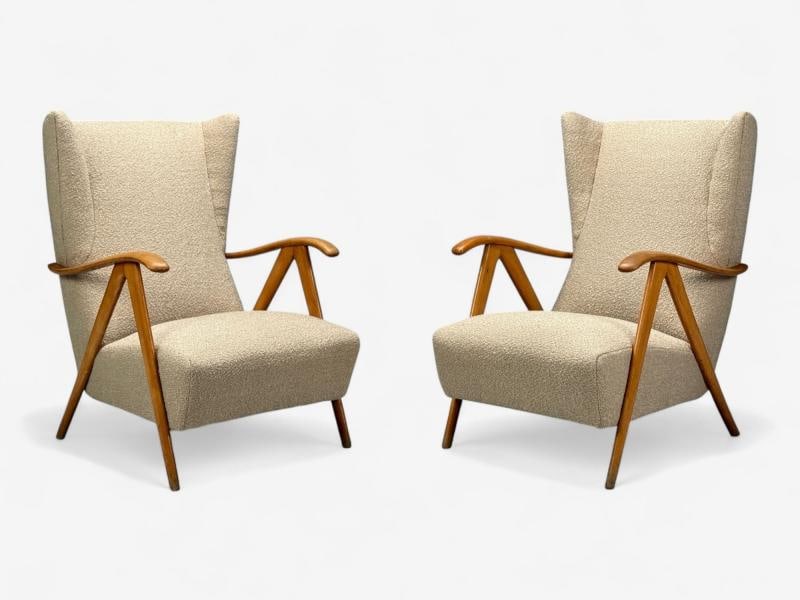 Italian Modern, Beige Boucle, Wood, Sculptural Lounge Chairs, Italy, 1960s - 2
