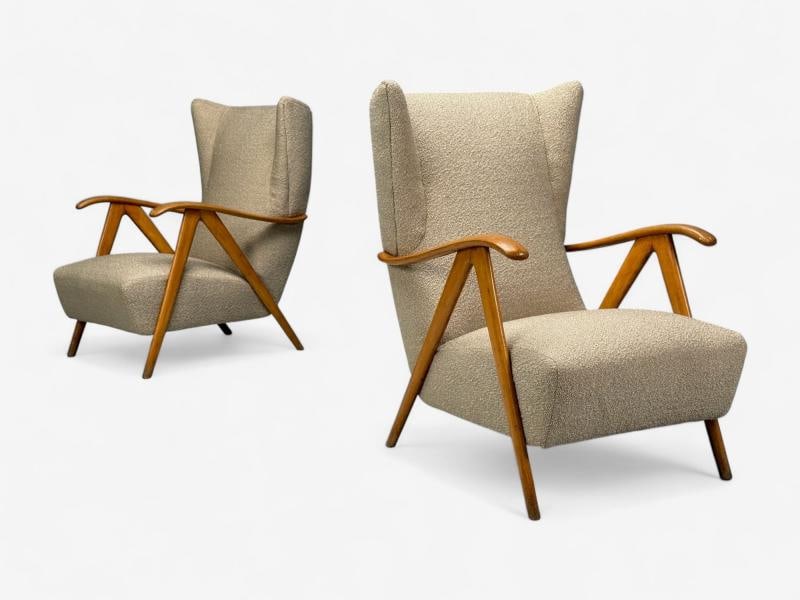 Italian Modern, Beige Boucle, Wood, Sculptural Lounge Chairs, Italy, 1960s - 6