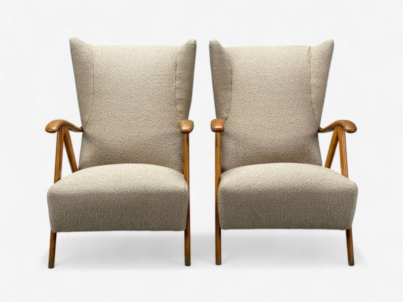 Italian Modern, Beige Boucle, Wood, Sculptural Lounge Chairs, Italy, 1960s - 8