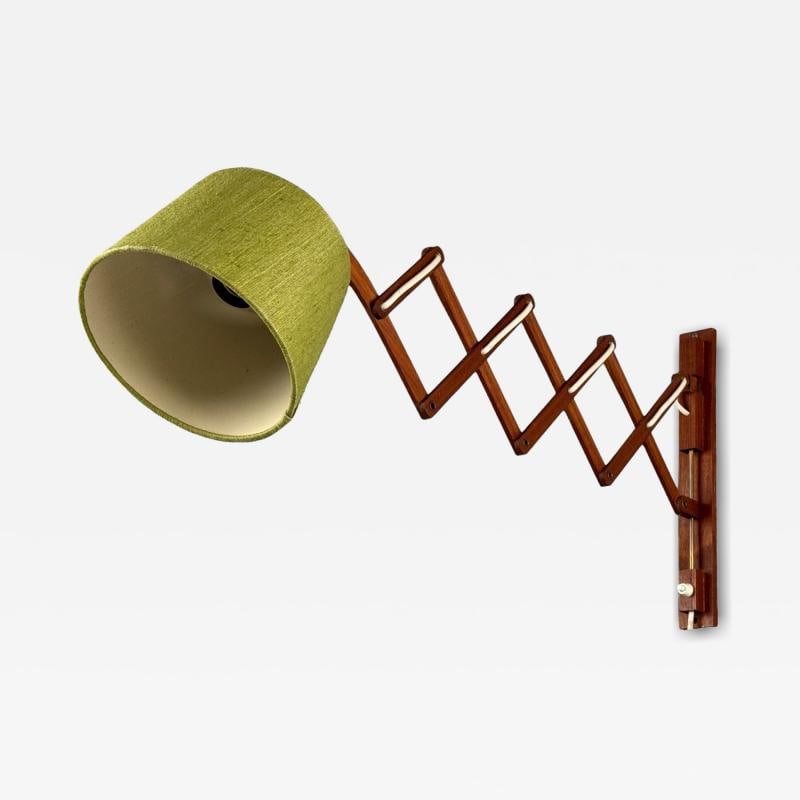 Aro Leuchten, Teak, Brass, Fabric, Scissor Wall Light, Germany, 1960s: Title: Aro Leuchten, Teak, Brass, Fabric, Scissor Wall Light, Germany, 1960s Description: Aro Leuchten, Teak, Brass, Green Fabric, Scissor Wall Light or Sconce, Germany, 1960s A mid-century modern