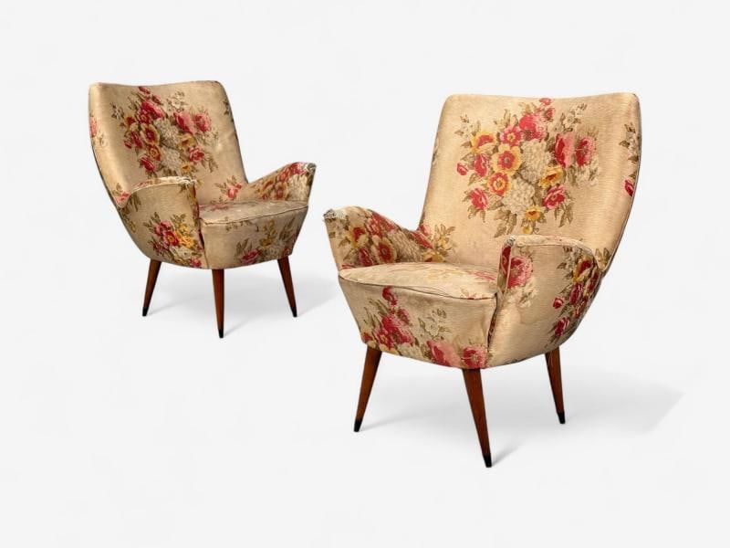 ISA Bergamo, Fabric, Wood, Brass, Organic Lounge Chairs, Italy, 1950s - 2