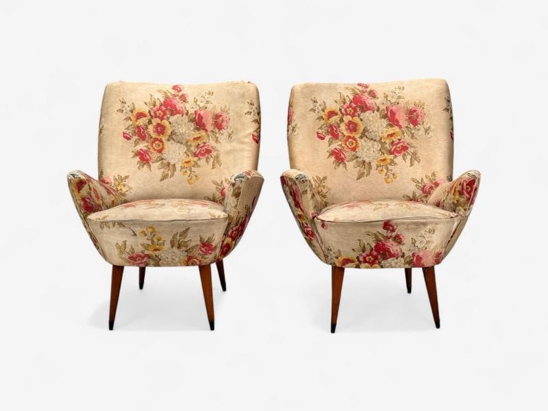 ISA Bergamo, Fabric, Wood, Brass, Organic Lounge Chairs, Italy, 1950s - 5