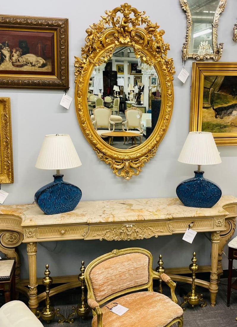 19th Century Palatial Giltwood Wall or Console Mirror Adorning Three Cherubs - 3