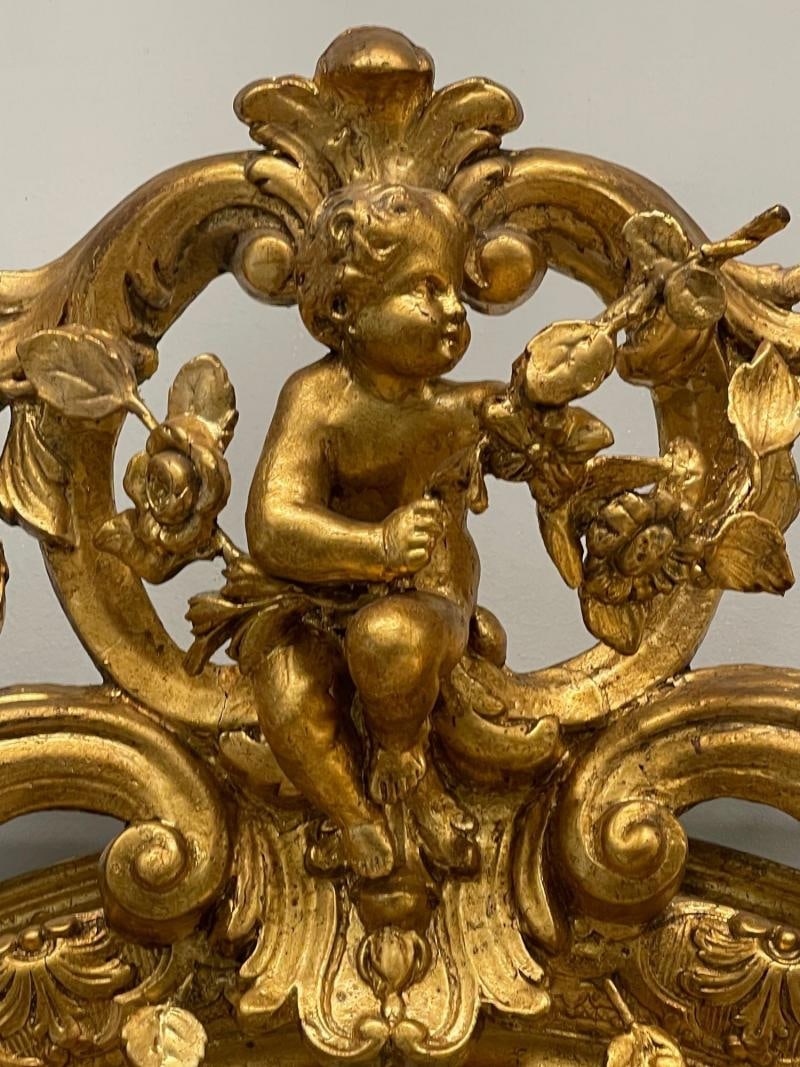 19th Century Palatial Giltwood Wall or Console Mirror Adorning Three Cherubs - 5