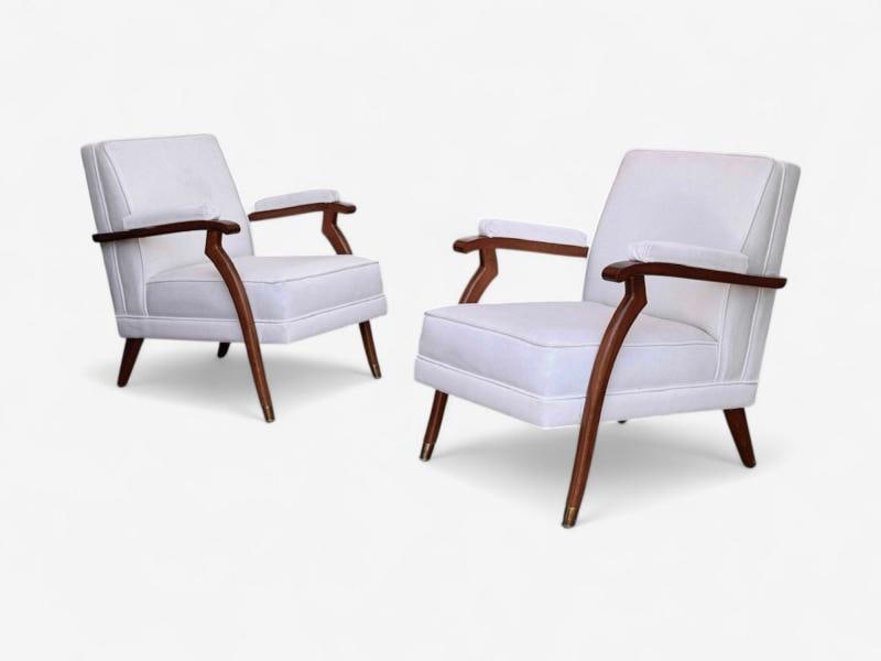 Maison Leleu Style, French Modern, White Mohair, Wood, Lounge Chairs, 1970s - 2
