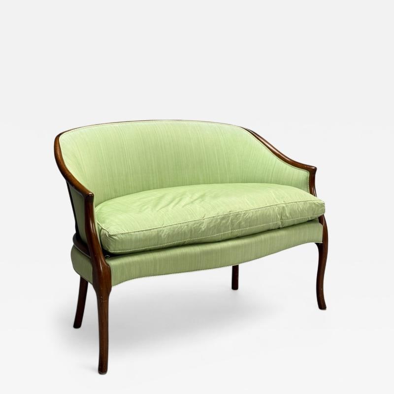 Georgian, Mahogany, Fabric, Settee, USA, 1990s: Title: Georgian, Mahogany, Fabric, Settee, USA, 1990s Description: Georgian, Mahogany, Fabric, Loveseat or Settee, USA, 1990s Small Mahogany and green fabric two seater sofa likely designed and produc