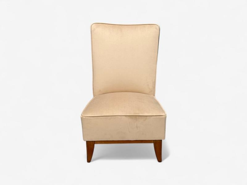 Guglielmo Pecorini, Stained Wood, Beige Velvet, Low Lounge Chair, Italy, 1950s - 2