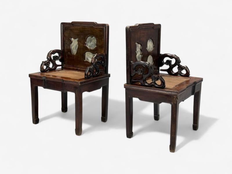 Qing Dynasty Style, Hardwood, Cane, Marble, Chinese Armchairs, China, 19th c. - 2
