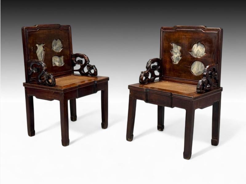 Qing Dynasty Style, Hardwood, Cane, Marble, Chinese Armchairs, China, 19th c. - 3