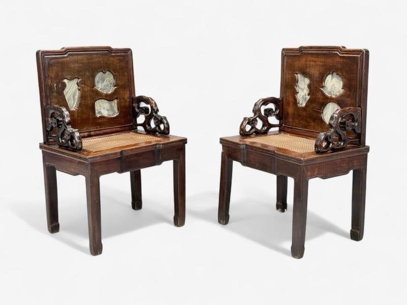 Qing Dynasty Style, Hardwood, Cane, Marble, Chinese Armchairs, China, 19th c. - 4