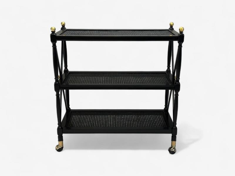 Federal Style, Painted Wood, Cane, Ebonized Bar Cart, USA, 1970s - 2