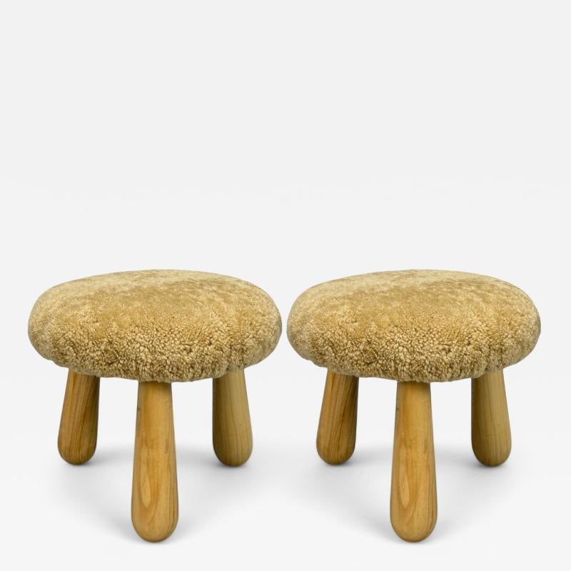 Danish Modern Style, Honey Sheepskin, Maple, Shearling Footstools, 21st C.: Title: Danish Modern Style, Honey Sheepskin, Maple, Shearling Footstools, 21st C. Description: Danish Modern Style, Honey Sheepskin, Maple, Shearling Footstools, USA, 21st c. A one-of-a-kind pair of h