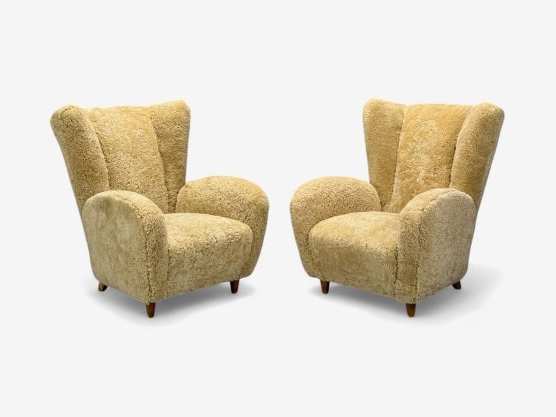 Meroni & Fossati, Beige Shearling, Stained Wood, Lounge Chairs, Italy, 1950s - 3