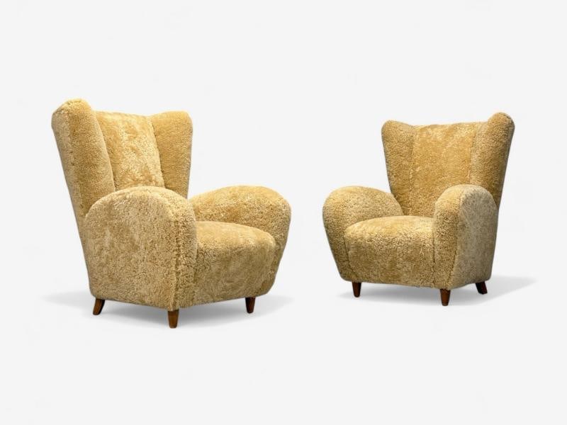 Meroni & Fossati, Beige Shearling, Stained Wood, Lounge Chairs, Italy, 1950s - 4