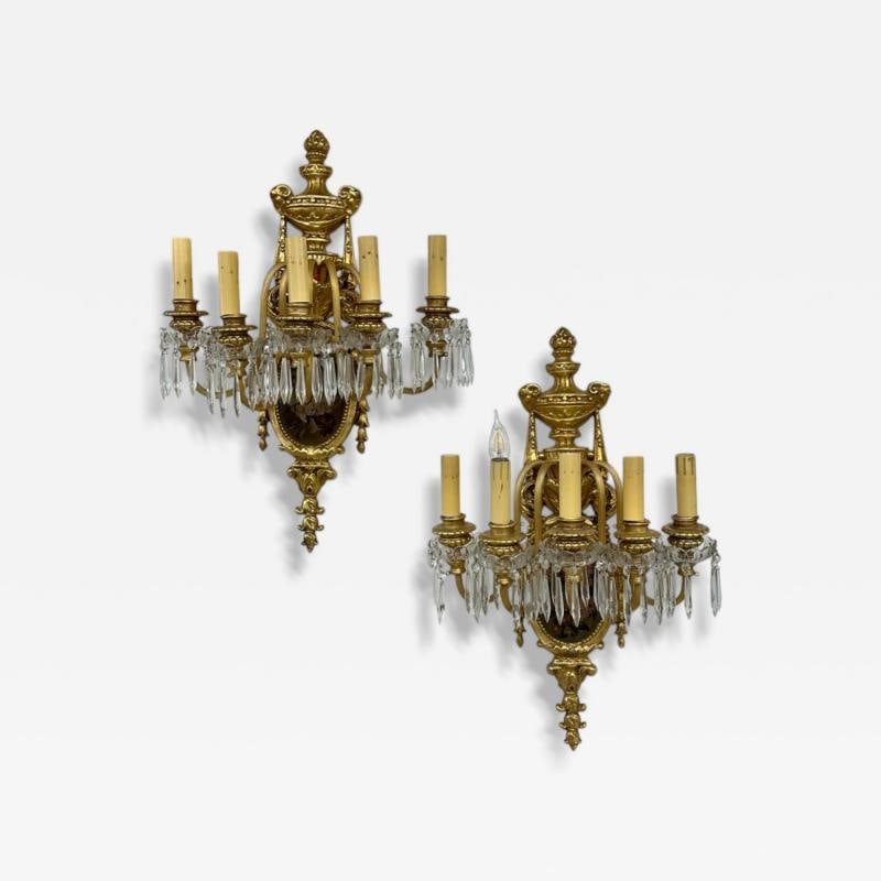 French Louis XVI Style, Bronze, Crystal, Rams Head Five Light Sconces, 1920s (1 of 7)