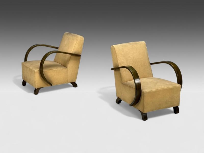 Vittorio Valabrega, Beige Velvet, Bentwood, Lounge Chairs, Italy, 1940s - 2