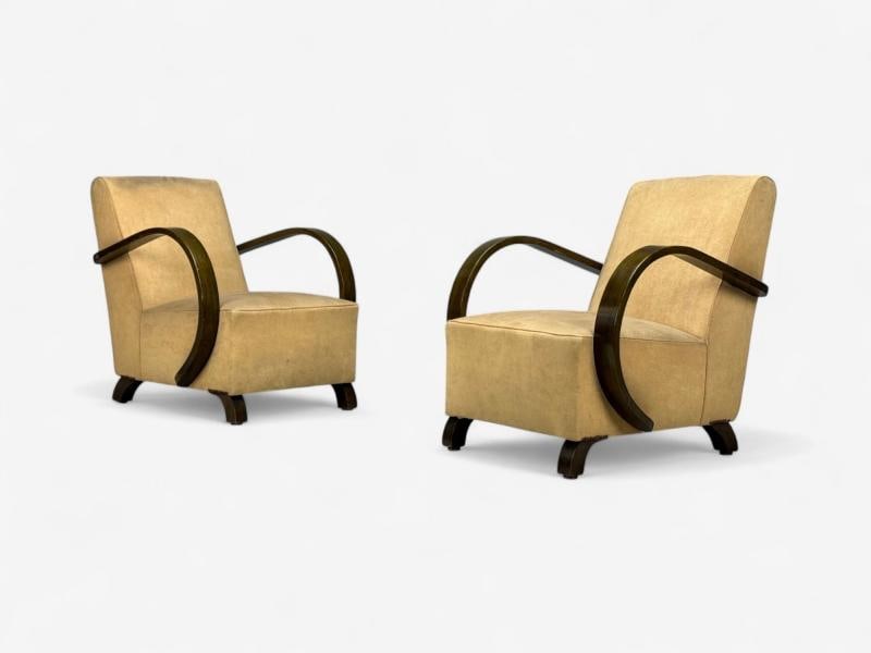 Vittorio Valabrega, Beige Velvet, Bentwood, Lounge Chairs, Italy, 1940s - 4
