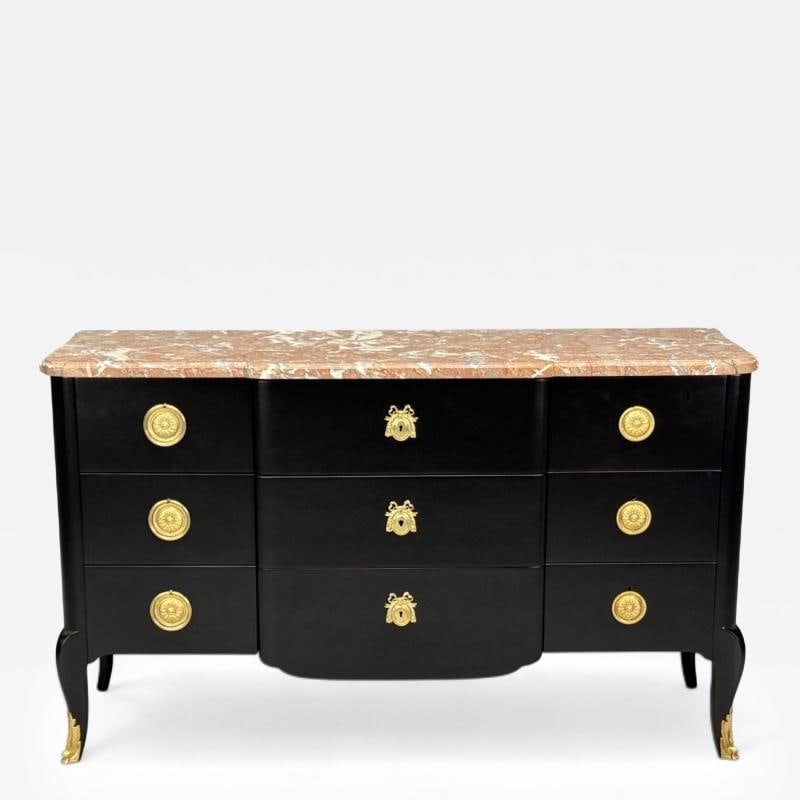 Maison Jansen, Mahogany, Bronze, Marble, Ebonized Commode, France, 1940s: Title: Maison Jansen, Mahogany, Bronze, Marble, Ebonized Commode, France, 1940s Description: Maison Jansen, Hollywood Regency Style, Mahogany, Bronze, Marble, Ebonized Commode, France, 1940s An elegan