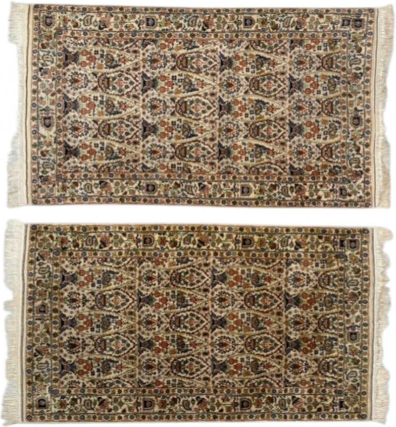 Traditional, Handwoven, Indian Wool Carpets, India, 1960s: Title: Traditional, Handwoven, Indian Wool Carpets, India, 1960s Description: Traditional, Handwoven, Indian Wool Carpets, 3 by 5 Feet, India, 1960s Finely knotted pair of 100 percent wool carpets in