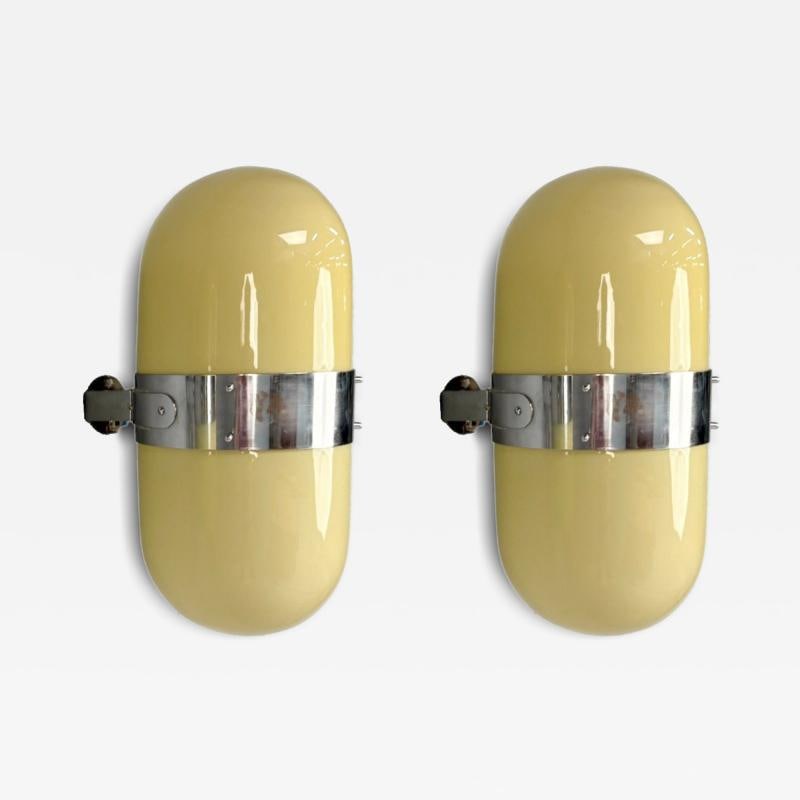 Italian Modern, Opaline Glass, Chrome, Space Age Wall Sconces, Italy, 1970s: Title: Italian Modern, Opaline Glass, Chrome, Space Age Wall Sconces, Italy, 1970s Description: Sergio Mazza Style, Italian Mid-Century Modern, Yellow Opaline Glass, Chrome, Space Age Wall Sconces,