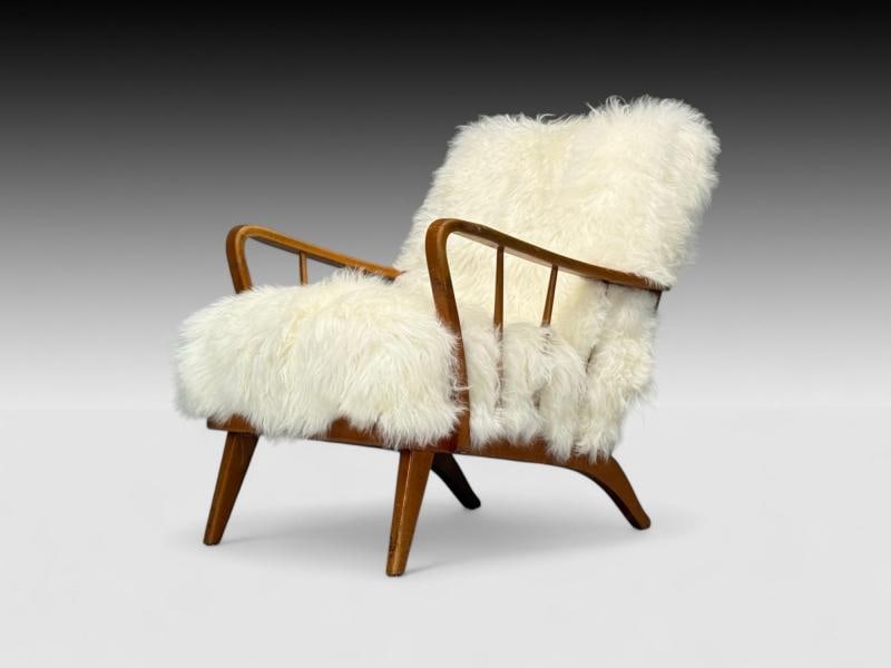 Danish Modern, Beech, Mongolian Fur, Lounge Chair, Denmark, 1950s - 2