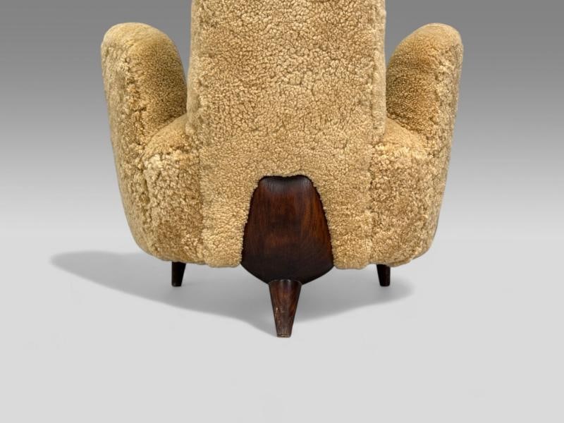 Renzo Zavanella, Honey Sheepskin, Wood, Rare Lounge Chairs, Italy, 1950s - 10