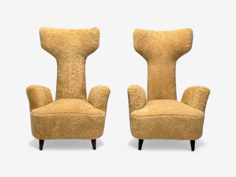 Renzo Zavanella, Honey Sheepskin, Wood, Rare Lounge Chairs, Italy, 1950s - 11