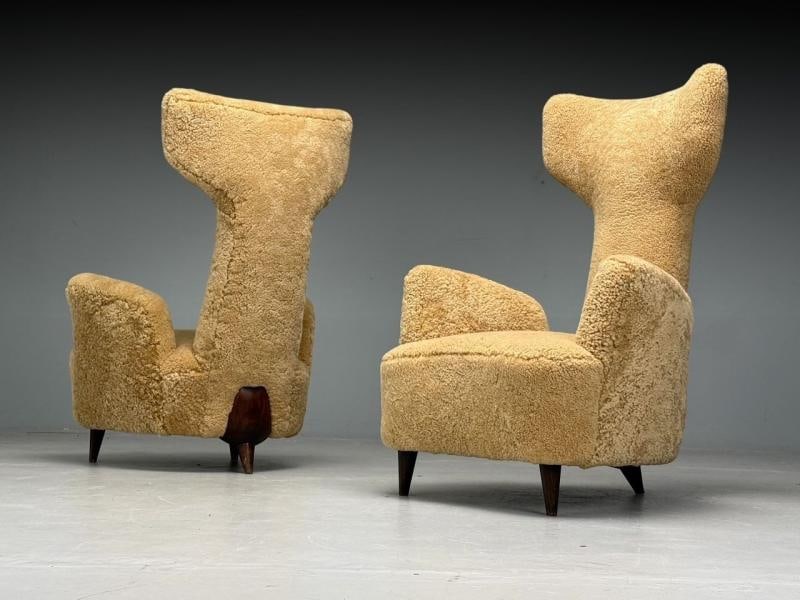 Renzo Zavanella, Honey Sheepskin, Wood, Rare Lounge Chairs, Italy, 1950s - 2