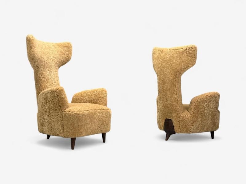 Renzo Zavanella, Honey Sheepskin, Wood, Rare Lounge Chairs, Italy, 1950s - 3