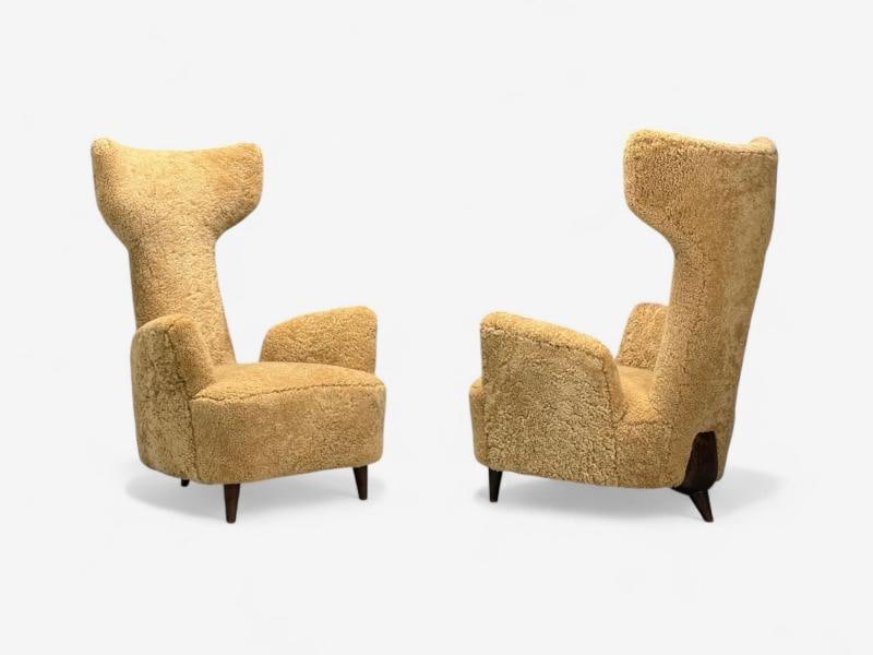 Renzo Zavanella, Honey Sheepskin, Wood, Rare Lounge Chairs, Italy, 1950s - 4