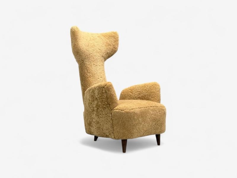 Renzo Zavanella, Honey Sheepskin, Wood, Rare Lounge Chairs, Italy, 1950s - 6