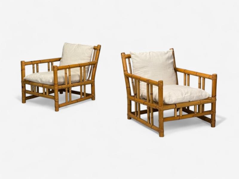 Italian Modern, Indian Cane, Bamboo, Lounge Chairs, Italy, 1960s - 2