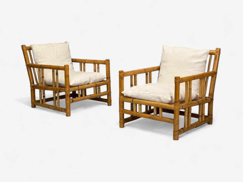 Italian Modern, Indian Cane, Bamboo, Lounge Chairs, Italy, 1960s - 4