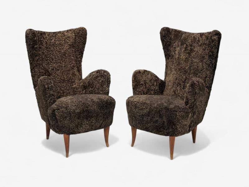 Italian Modern, Espresso Shearling, Walnut, Organic Lounge Chairs, Italy, 1950s - 2