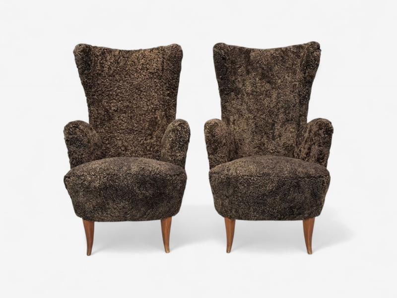 Italian Modern, Espresso Shearling, Walnut, Organic Lounge Chairs, Italy, 1950s - 3