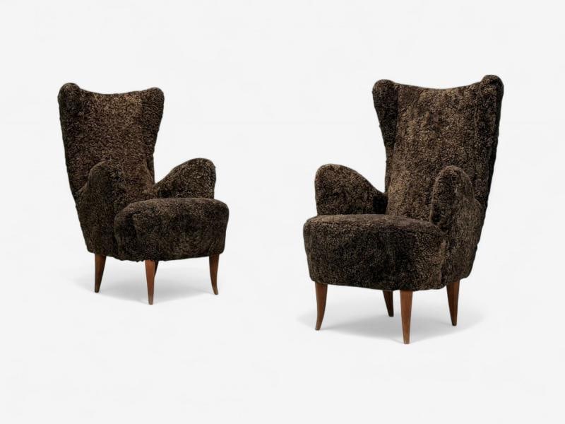 Italian Modern, Espresso Shearling, Walnut, Organic Lounge Chairs, Italy, 1950s - 4
