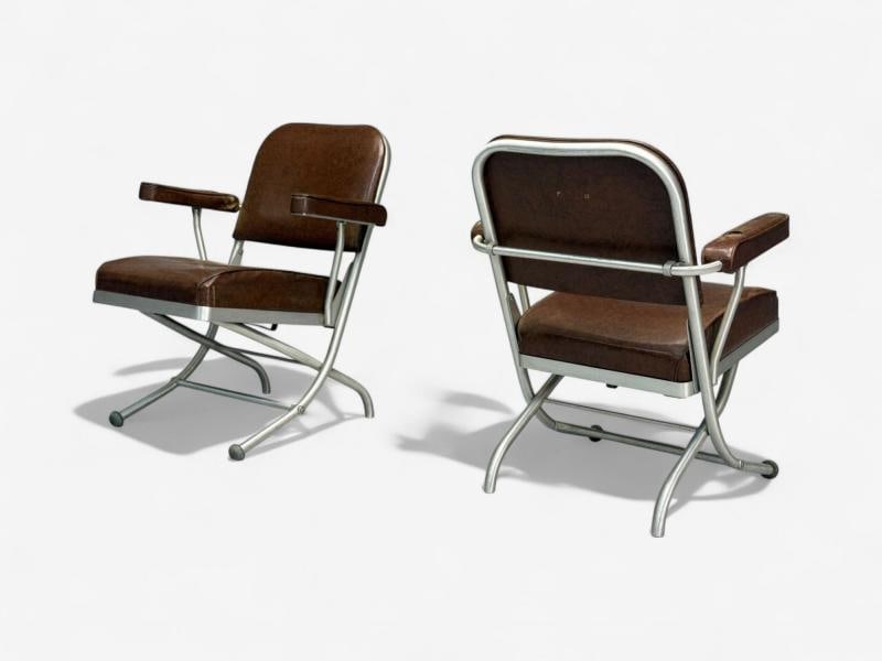 Warren McArthur, Brown Leather, Aluminum, Folding Chairs, USA c. 1935 - 8