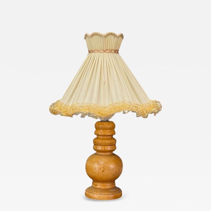 Swedish Modern, Turned Birch, Silk, Table Lamp, Sweden, 1960s: Title: Swedish Modern, Turned Birch, Silk, Table Lamp, Sweden, 1960s Description: Swedish Mid-Century Modern, Turned Birch, Silk, Table Lamp, Sweden, 1960s A small turned birch table lamp designed