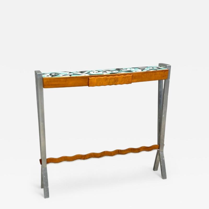 Italian Modern, Painted Glass, Ash Wood, Metal, Console Table, Italy, 1960s: Title: Italian Modern, Painted Glass, Ash Wood, Metal, Console Table, Italy, 1960s Description: Italian Modern, Painted Glass, Ash Wood, Metal, Console Table, Italy, 1960s An interesting ash wood,