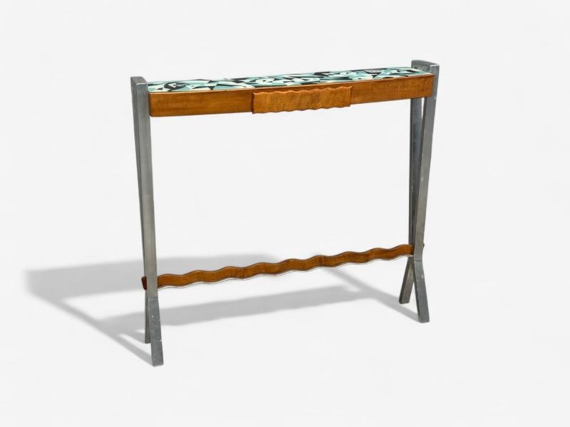 Italian Modern, Painted Glass, Ash Wood, Metal, Console Table, Italy, 1960s - 2