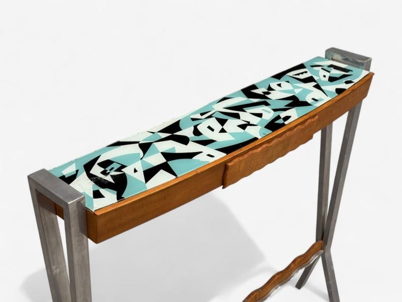 Italian Modern, Painted Glass, Ash Wood, Metal, Console Table, Italy, 1960s - 5