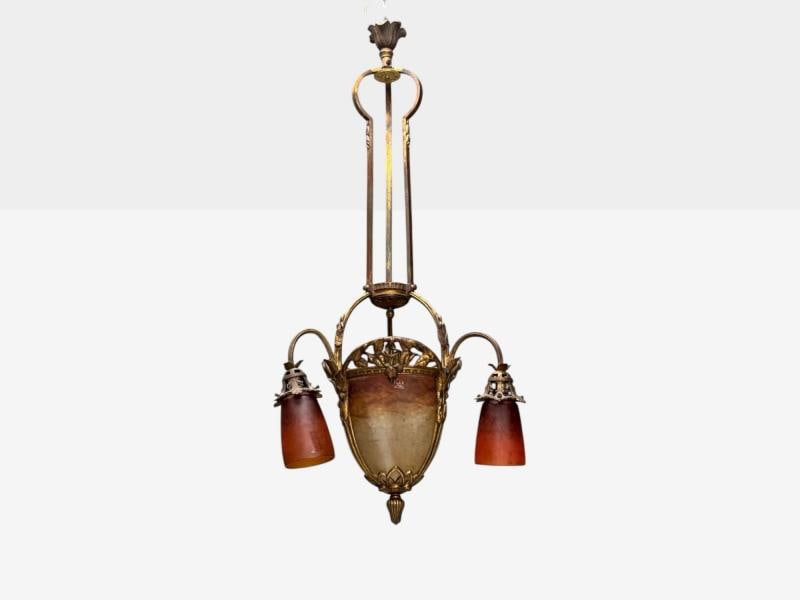 Muller Frères, French Art Deco, Bronze, Glass, Chandelier, France, 1920s - 2