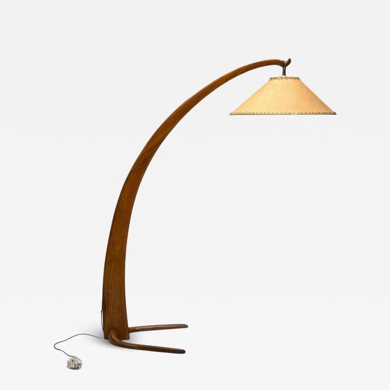 Italian Modern, Elmwood, Brass, Curved Floor Lamp, Italy, 1940s (1 of 10)